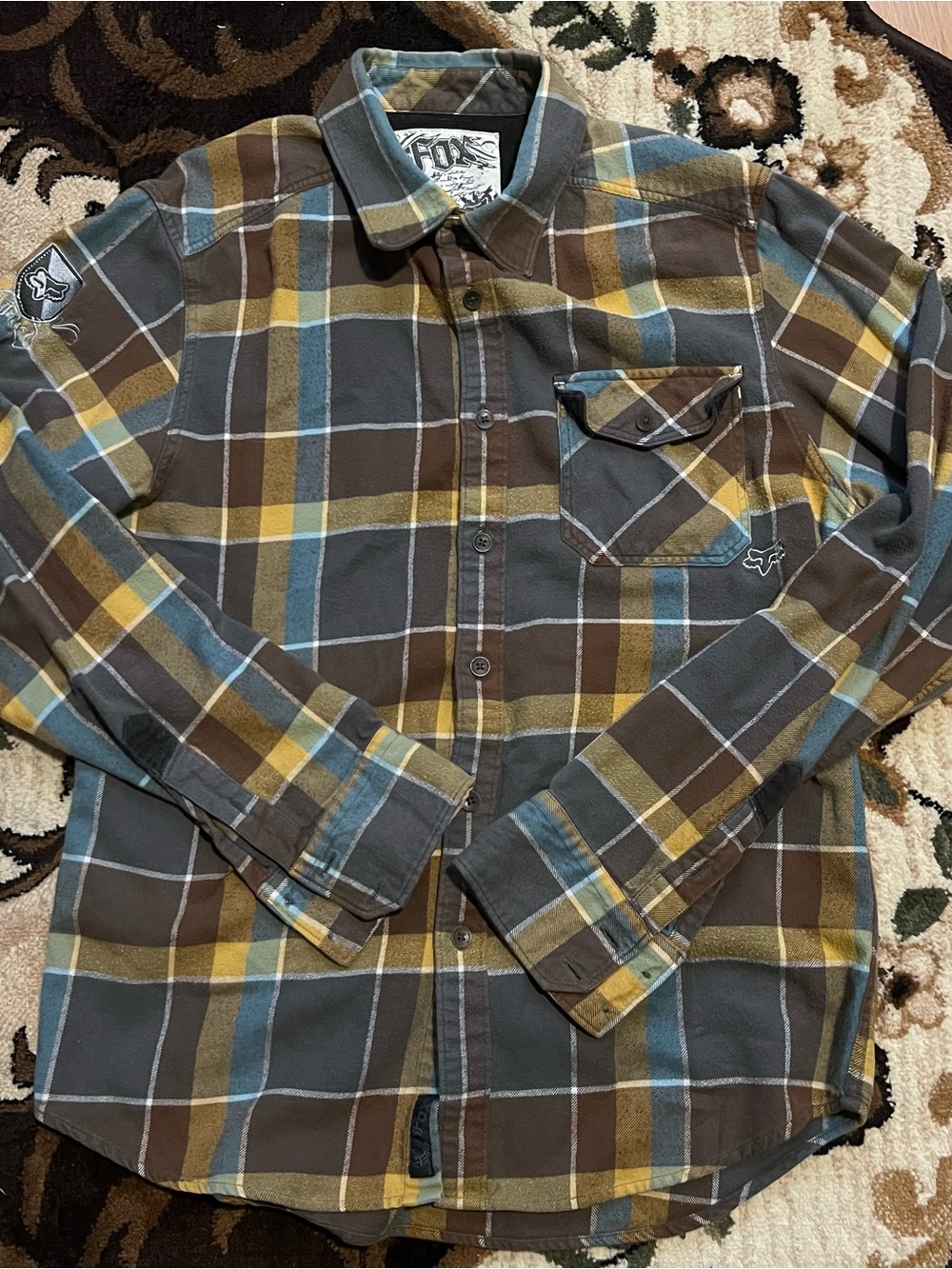 Fox Racing Flannel Shirt Size Medium Mens Plaid And Corduroy Embroidered Patch